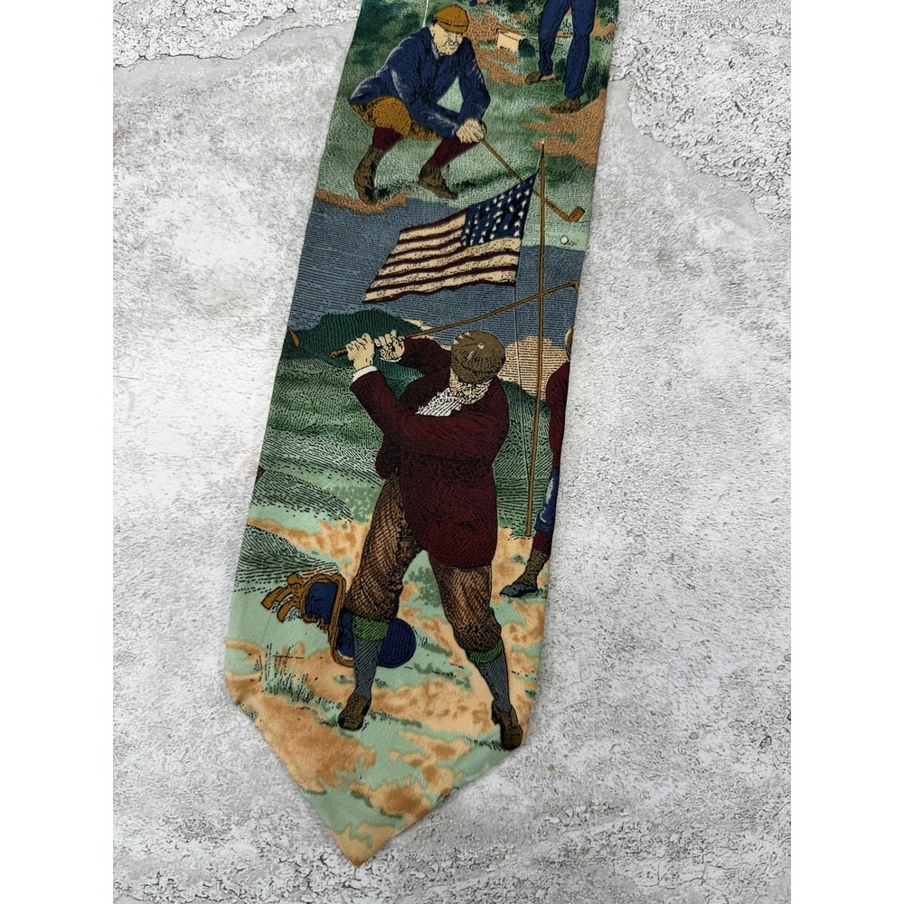 Tango By Max Raab Tie Mens OS Green Geometric 100% Silk Pointed Golfer USA Flag